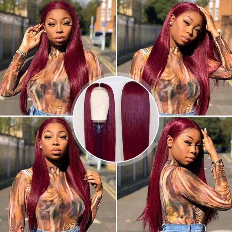 Straight Human Hair HD Lace Front Wig Burgundy Bug 99J Frontal Wig Pre Plucked - 