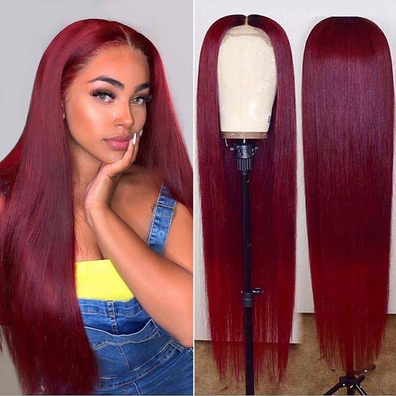 Straight Human Hair HD Lace Front Wig Burgundy Bug 99J Frontal Wig Pre Plucked - 