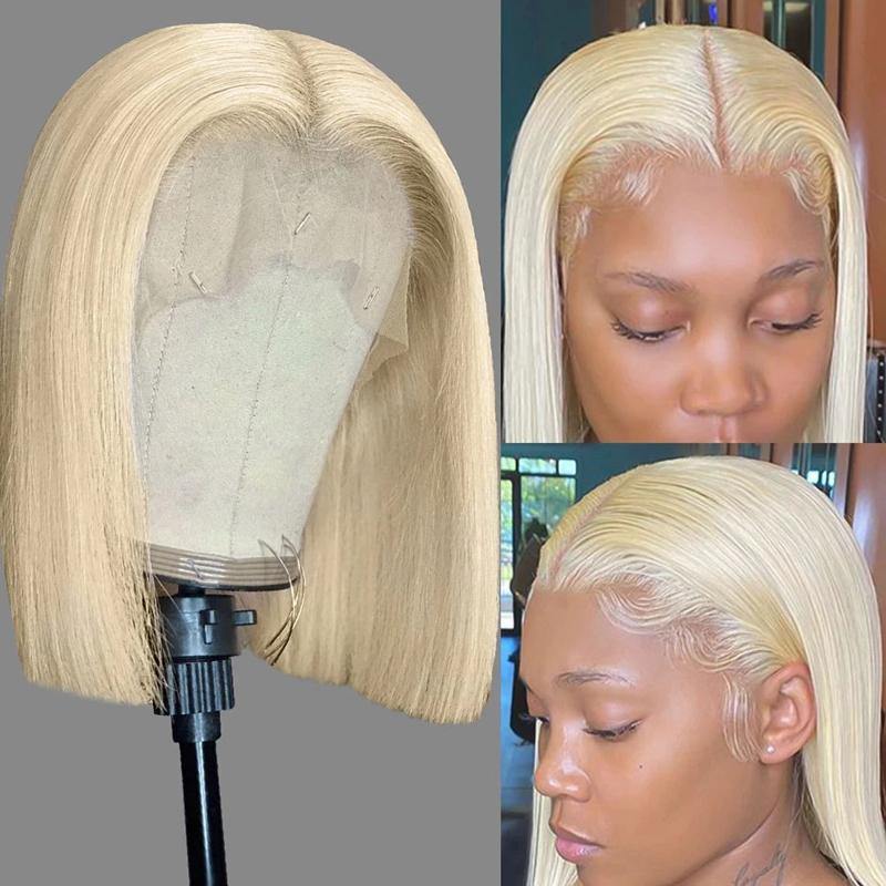 HD Transparent Lace Pre Plucked Blonde 613 Bob Lace Frontal Wig Straight Human Hair Lace Front - 