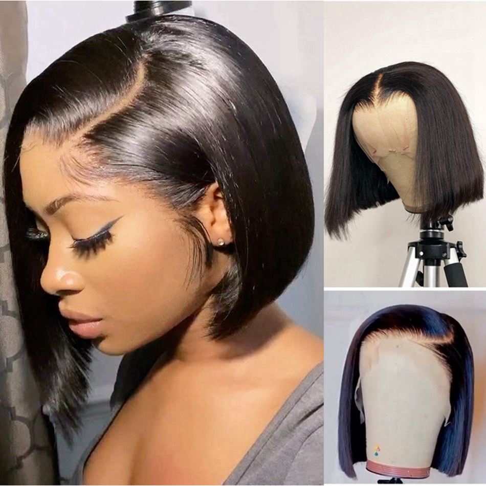 4x4 5x5 13x4 180% Density Straight Virgin Human Hair Short Bob Pre Plucked Lace Front Wig For Black Women
