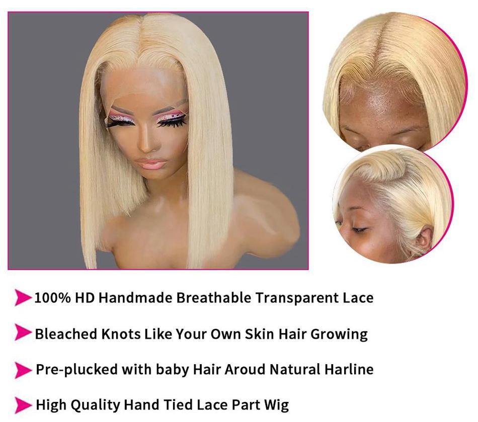 Blonde 613 Short Bob HD Transparent Lace Lace Frontal Wig Pre Plucked Straight Human Hair Lace Front Wig - 假发