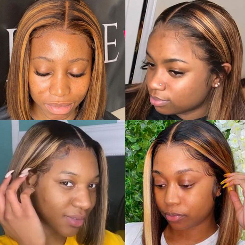 Highlight Colored Short Bob Wig Pre Plucked Brown Blonde Lace Front Closure Wigs For Black Women