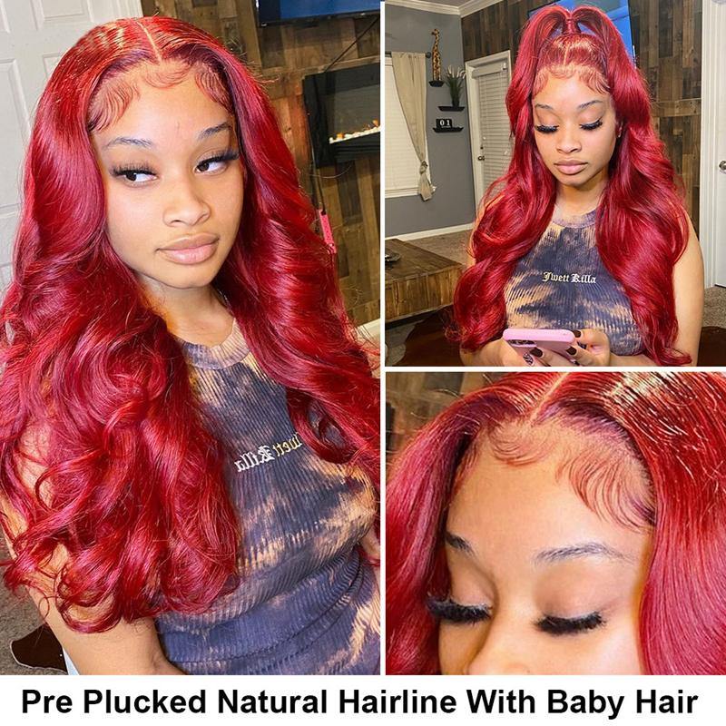 Red 99J Burgundy Body Wave Virgin Human Hair Lace Front Wig Pre Plucked - 
