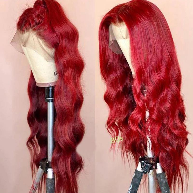 Red 99J Burgundy Body Wave Virgin Human Hair Lace Front Wig Pre Plucked - 