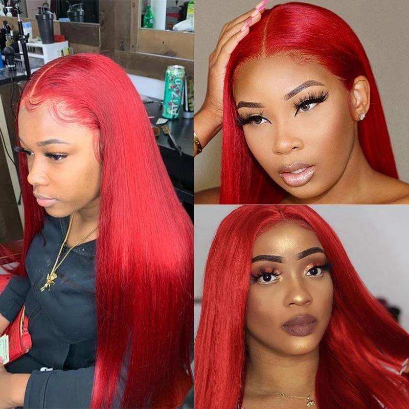 HD Lace Pre Plucked 99J Burgundy Red Straight Human Hair Lace Frontal Wig - 