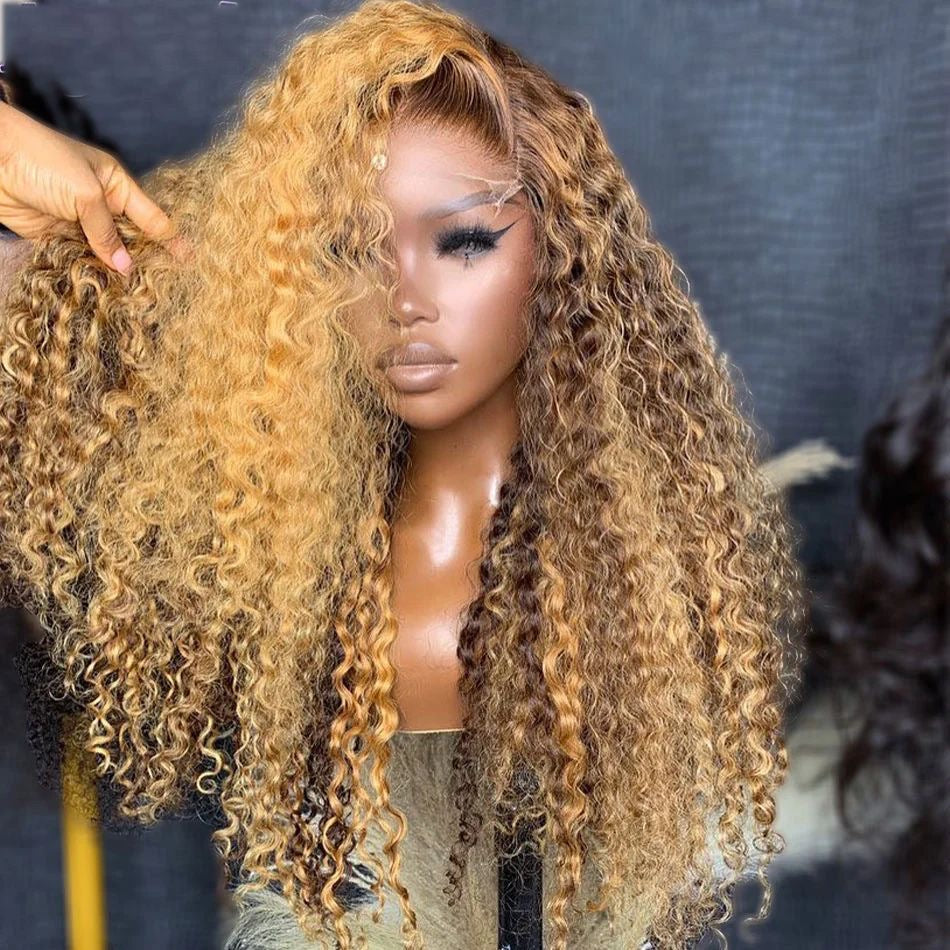 Wholeslae Raw Vietnamese Hair Honey Highlight Color Glueless Wigs 13x6 Lace Frontal Wigs Kinky Curly Wave Pre Plucked HD Lace Fronal Wigs for Black Women