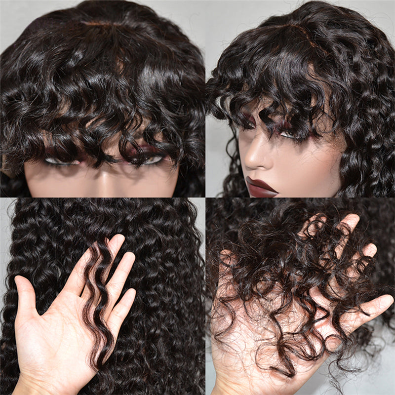 Mongolian Kinky Curly Human Hair Bang Wigs Machine Made Glueless Net Cap