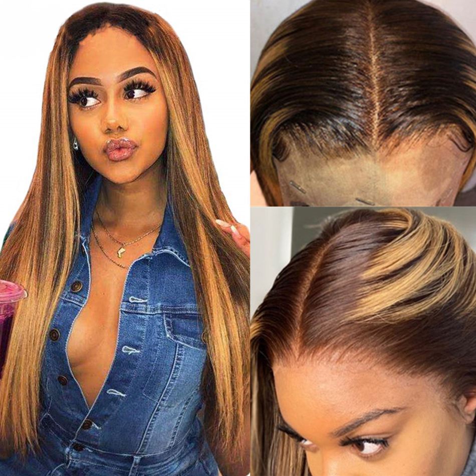 30 inch Highlighted Honey Blonde Color Pre Plucked Full Ends Lace Front Wig Human Hair For Black Women