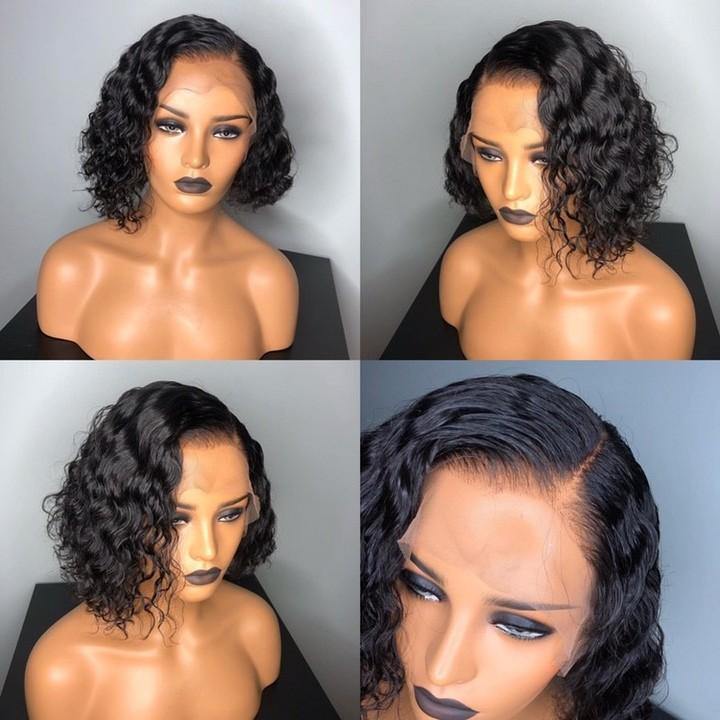 180% Density Deep Curly Wave Short Bob Wig Hd Transparent Lace Front Wig  Pre Plucked - 