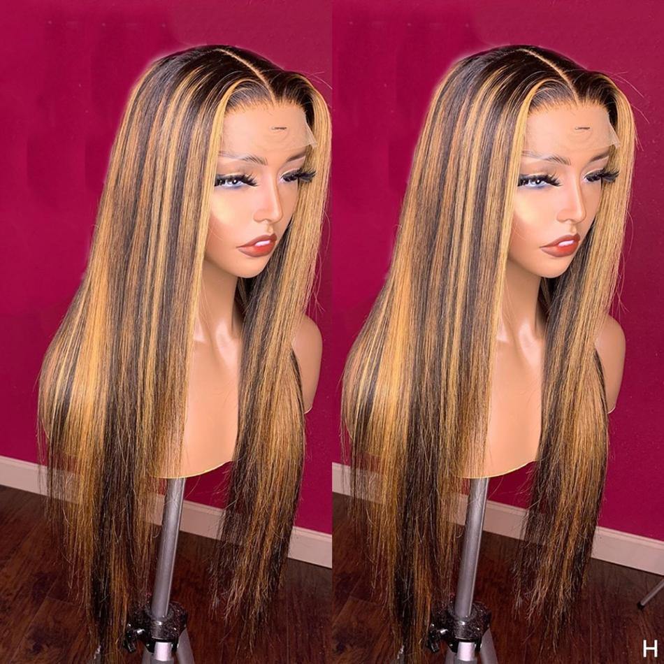 Highlight Brown Straight Lace Wig Pre Plucked 13x4 Lace Front Wig Honey Blonde Human Hair Wigs - 假发