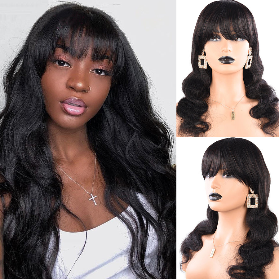 Super Easy Install Machine Made Wig With Bangs Brazilian Body Wave Human Hair 10a 12a Grade