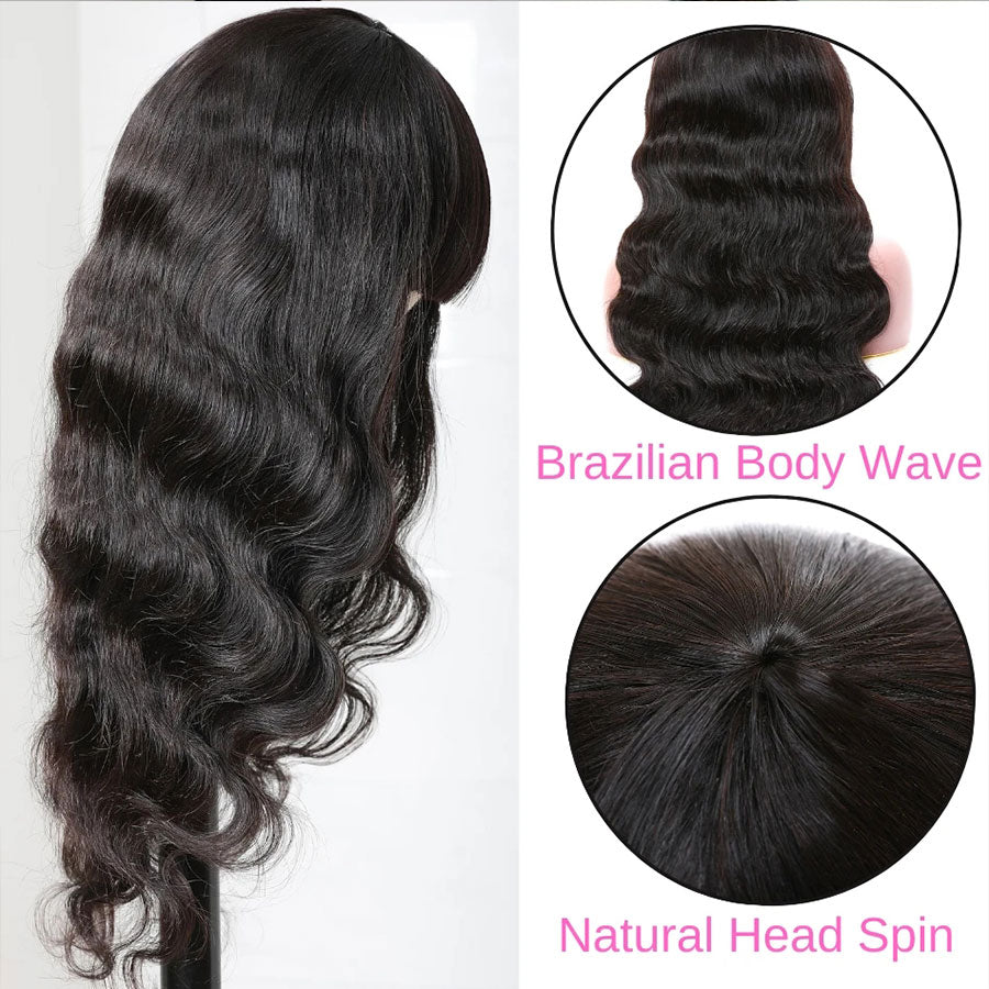 Super Easy Install Machine Made Wig With Bangs Brazilian Body Wave Human Hair 10a 12a Grade
