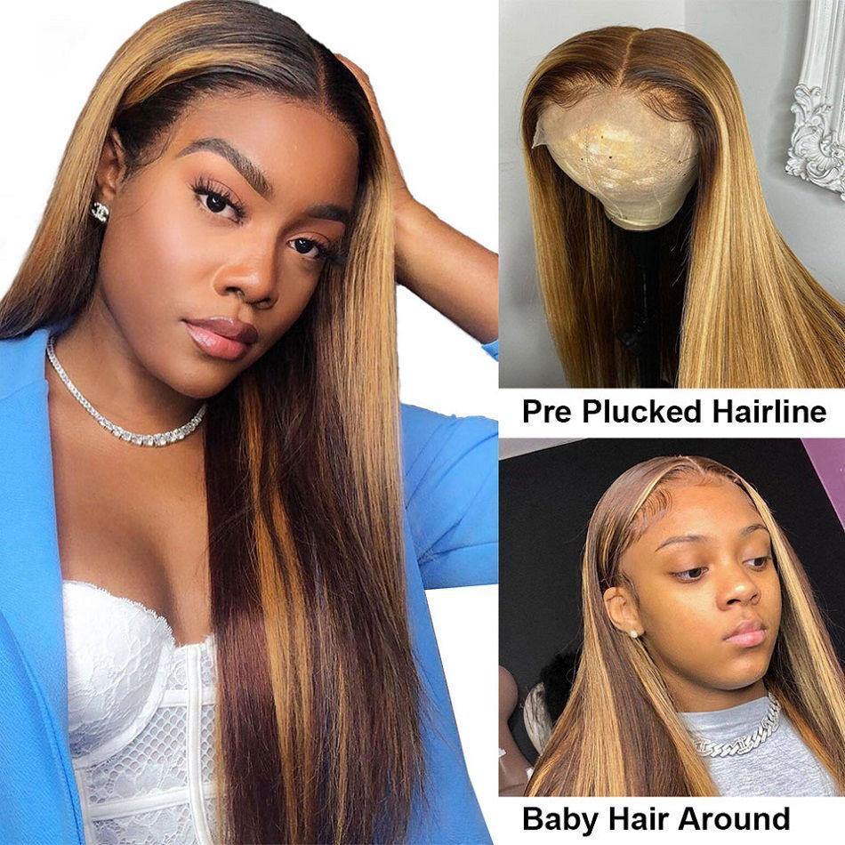 Highlight Ombre Colored Human Hair Full Ends Lace Front Wig Pre Plucked - 