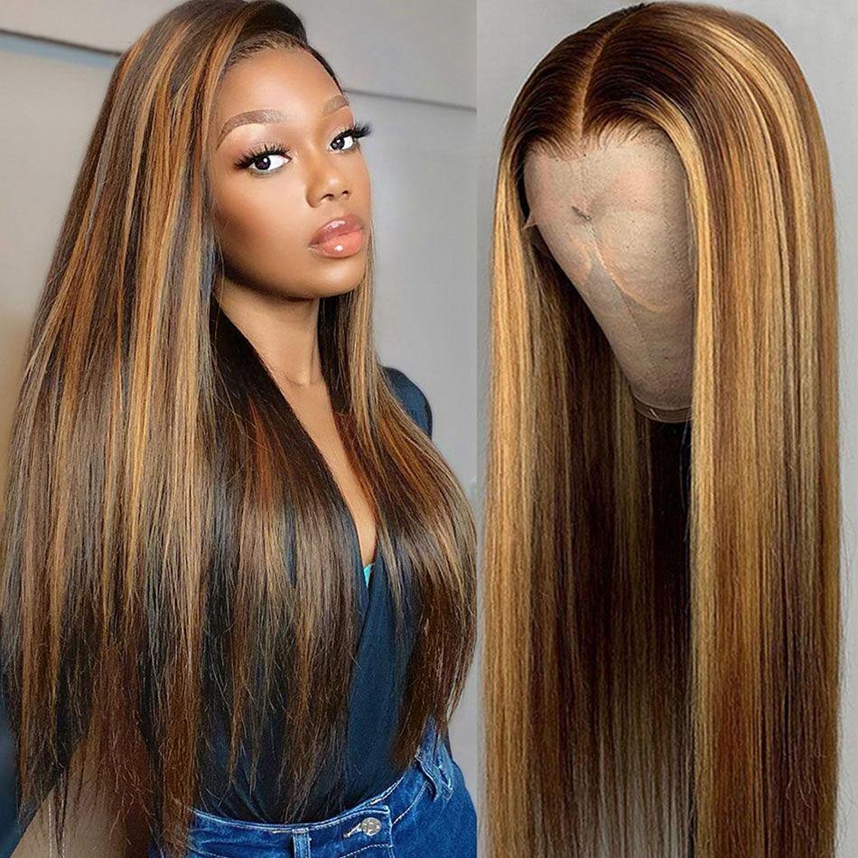 Highlight Ombre Colored Human Hair Full Ends Lace Front Wig Pre Plucked - 