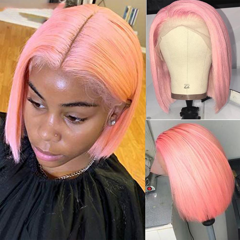 Colored Short Bob Human Hair Pink Blonde Red Purple Blue Green Lace Front Wig Pre Plucked Frontal Wig