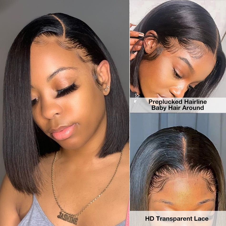 4x4 5x5 13x4 180% Density Straight Virgin Human Hair Short Bob Pre Plucked Lace Front Wig For Black Women