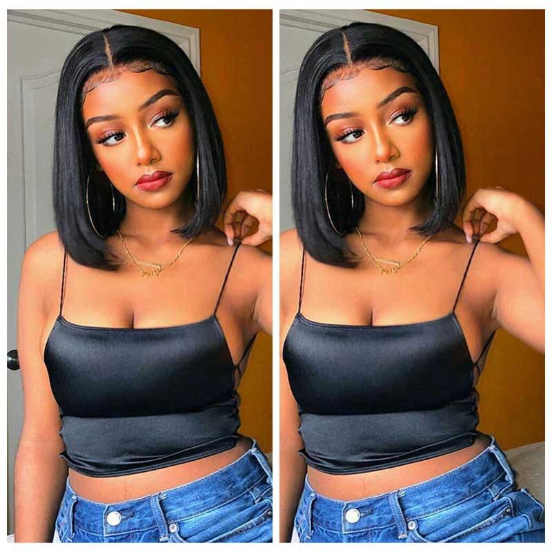 Straight Virgin Human Hair Short Bob Lace Front Wig Pre Plucked High Density Thick Ends - 假发