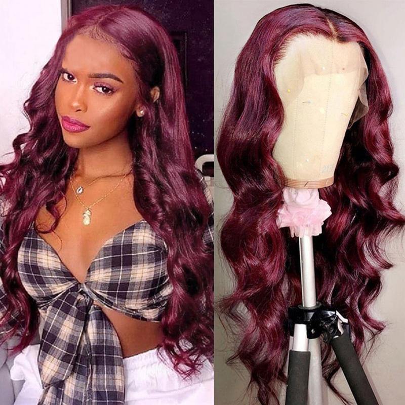 Burgundy Bug 99J HD Lace Front Human Hair Body Wave Frontal Wig Pre Plucked - 