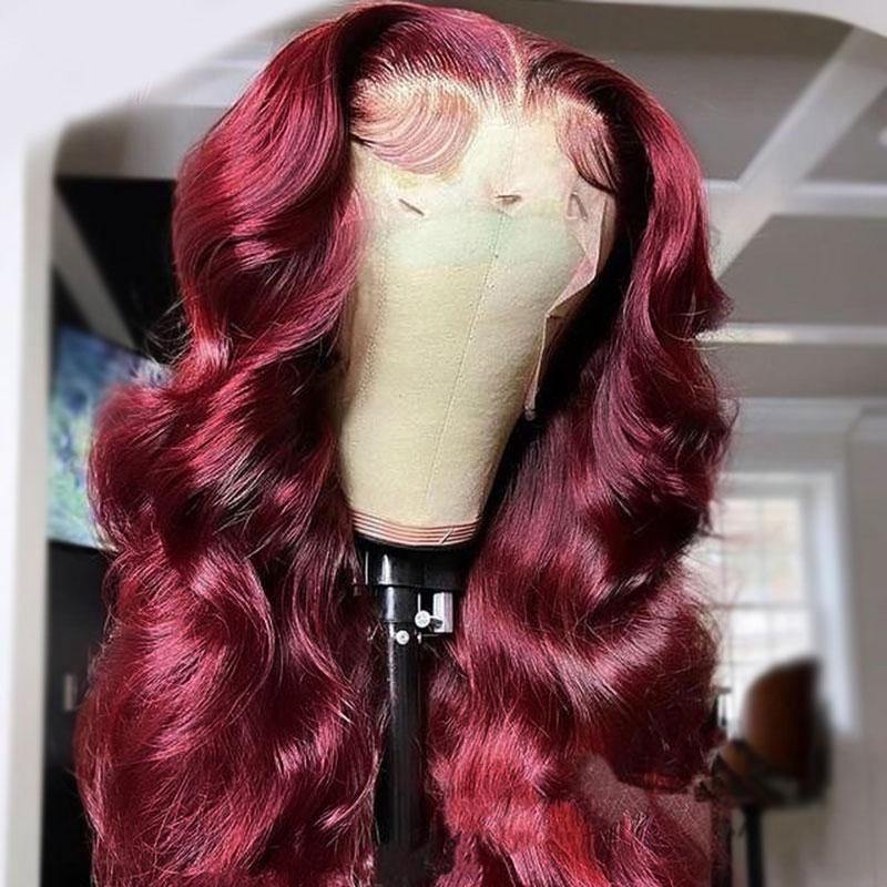 Burgundy Bug 99J HD Lace Front Human Hair Body Wave Frontal Wig Pre Plucked - 