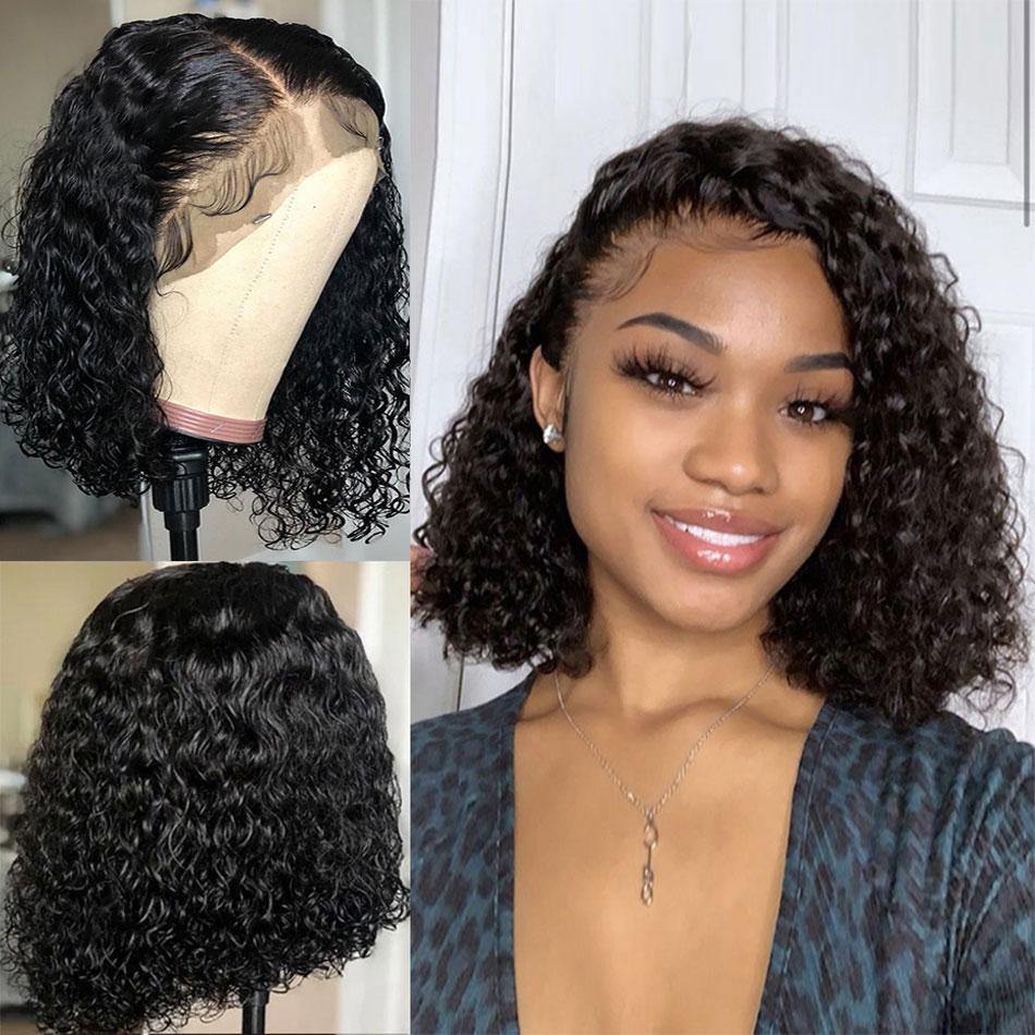 HD Transparent Afro Kinky Curly Human Hair Bob Cut Lace Front Wig Pre Plucked - 假发