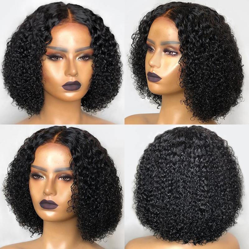 Affordable HD Skin Melt Transparent Bob Lace Frontal Wig Kinky Curly Pre Plucked - 