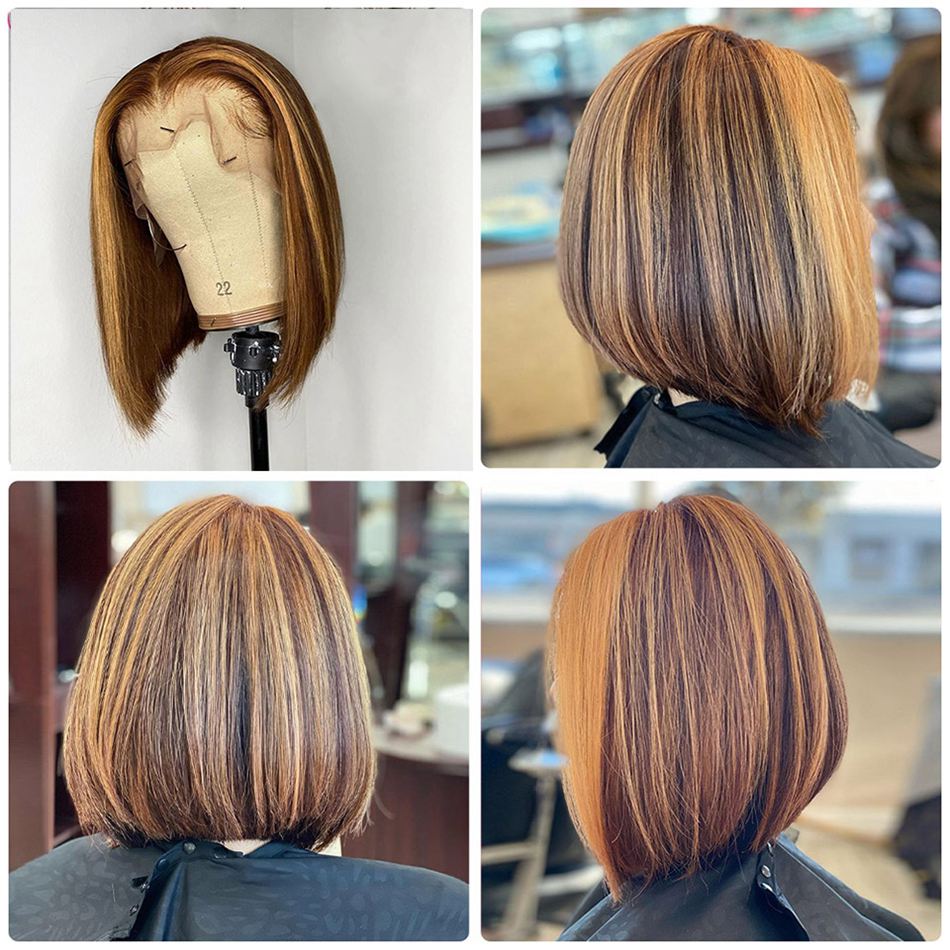 Highlighted Piano Color Short Bob Human Hair Wig Pre Plucked Brown Blonde Lace Front Closure Wigs For Black Women