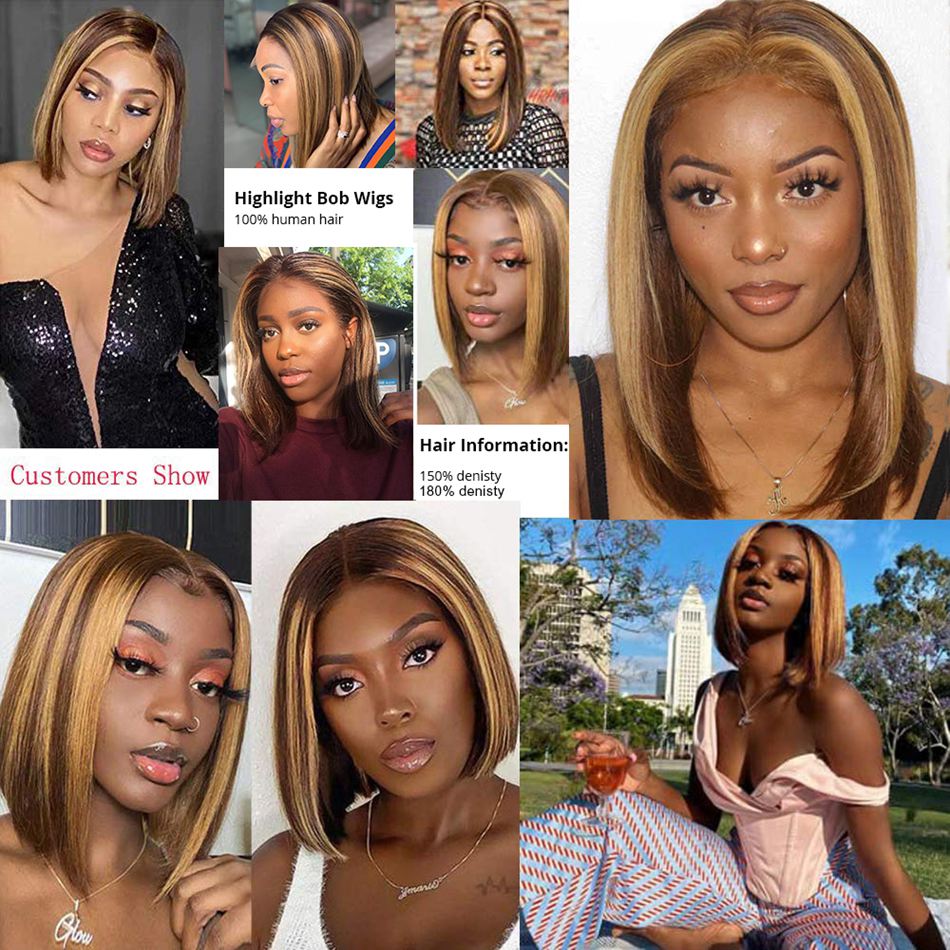 Highlighted Piano Color Short Bob Human Hair Wig Pre Plucked Brown Blonde Lace Front Closure Wigs For Black Women