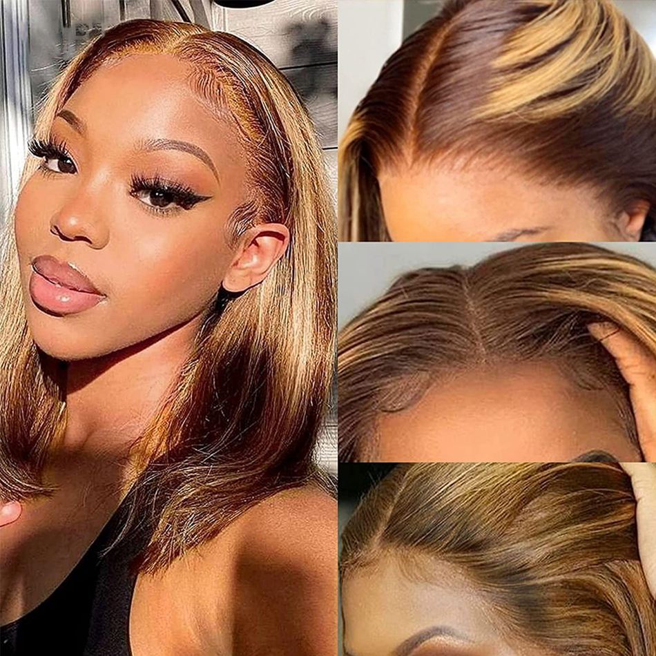 Highlight Colored Short Bob Wig Pre Plucked Brown Blonde Lace Front Closure Wigs For Black Women