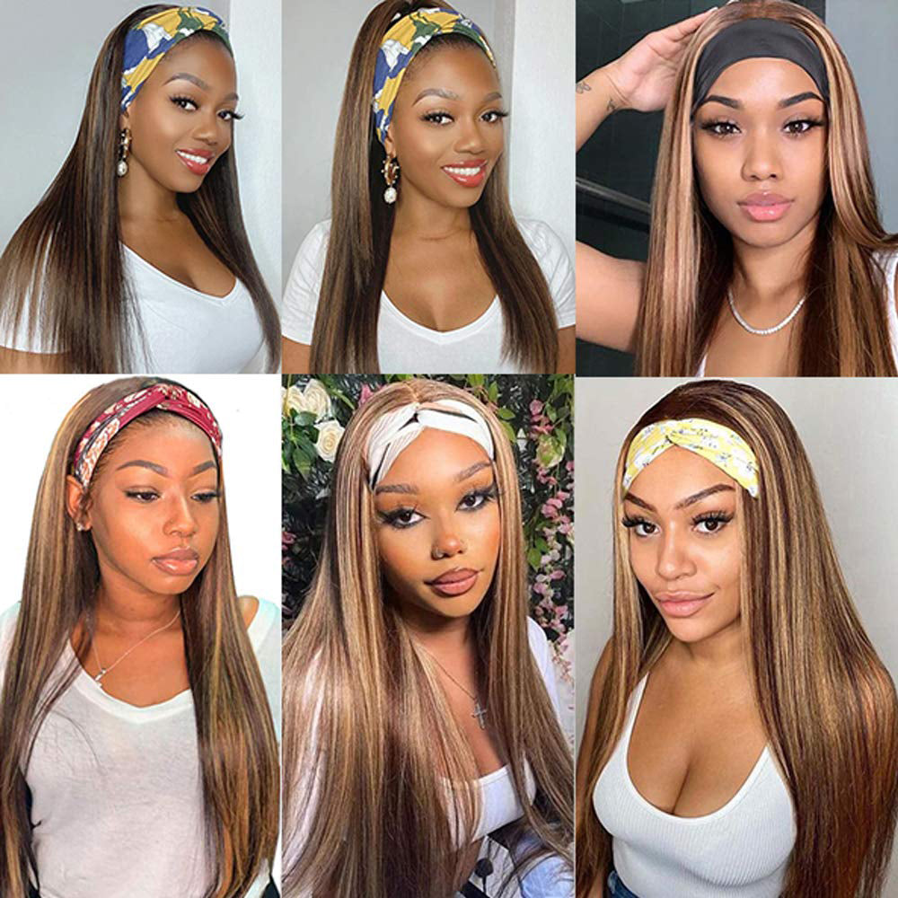 28 30 32 Inch Highlight Brown Blonde Virgin Hair Headband Wig Human Hair For Black Women
