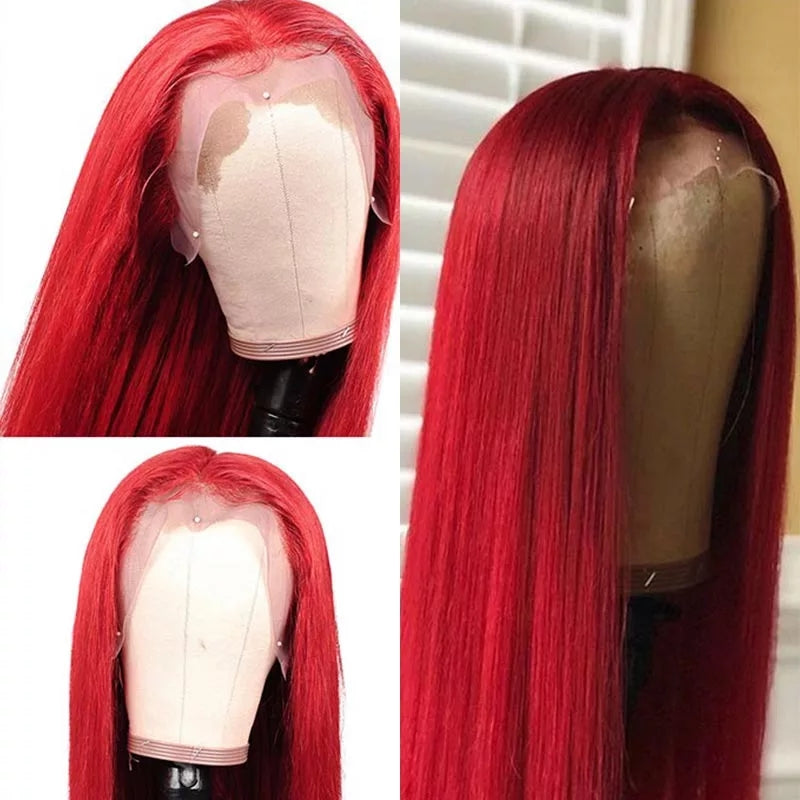 Pre Plucked 99J Burgundy Red Straight Virgin Human Hair Lace Front Wig For Black Women